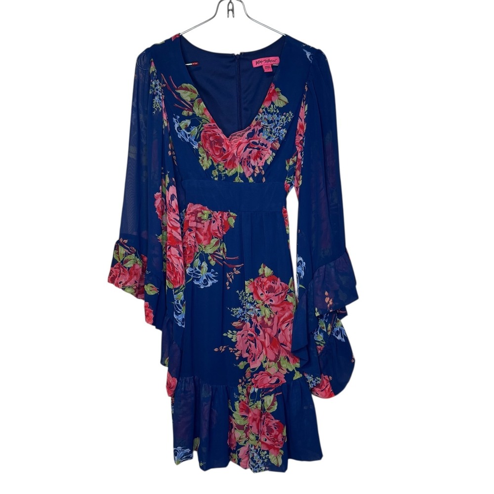 Betsey Johnson Women's‎ Dress Boho Floral Ruffle Bell Long Sleeve V-Neck Blue 2